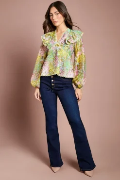 Blouse en Organza à Col V avec Finitions en Dentelle