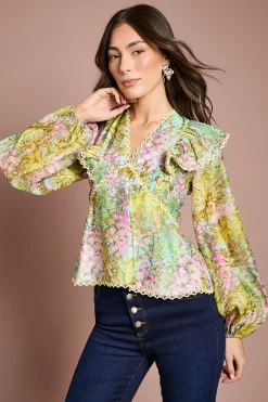 Blouse en Organza à Col V avec Finitions en Dentelle