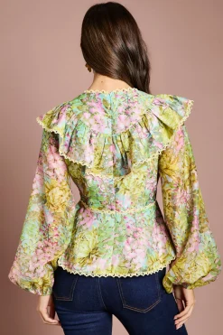 Blouse en Organza à Col V avec Finitions en Dentelle