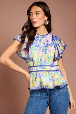 Blouse en Organza à Manches Volantées Imprimée