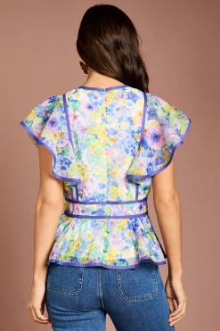 Blouse en Organza à Manches Volantées Imprimée