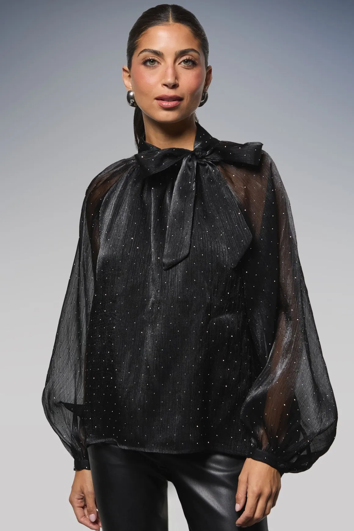 Blouse en Organza à Nœud avec Ornements Thermocollés