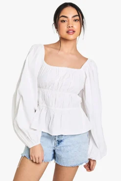 boohoo Blouse en popeline de coton froncée<Femme Tops