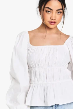 boohoo Blouse en popeline de coton froncée<Femme Tops