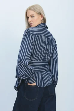 Blouse en Popeline de Coton à Manches Dramatiques et Détail Croisé Tissé