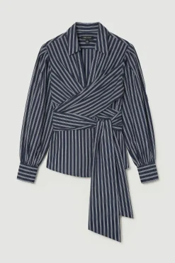 Blouse en Popeline de Coton à Manches Dramatiques et Détail Croisé Tissé