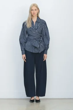 Blouse en Popeline de Coton à Manches Dramatiques et Détail Croisé Tissé