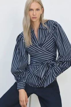Blouse en Popeline de Coton à Manches Dramatiques et Détail Croisé Tissé