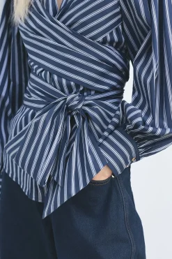 Blouse en Popeline de Coton à Manches Dramatiques et Détail Croisé Tissé