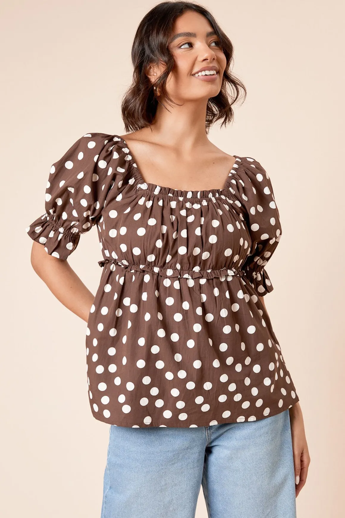Blouse En Popeline À Pois Et Encolure Carrée