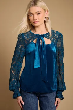Oasis Blouse en Velours à Manches en Dentelle et Col Noué<Femme Tops D’Automne|Satin Et Dentelle