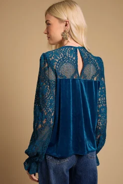 Oasis Blouse en Velours à Manches en Dentelle et Col Noué<Femme Tops D’Automne|Satin Et Dentelle