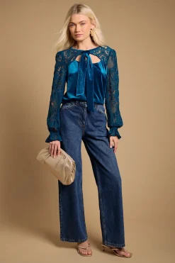 Oasis Blouse en Velours à Manches en Dentelle et Col Noué<Femme Tops D’Automne|Satin Et Dentelle