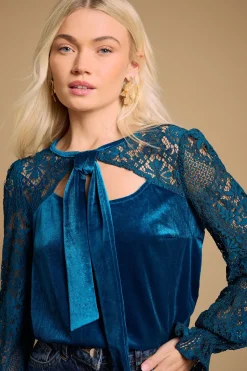 Oasis Blouse en Velours à Manches en Dentelle et Col Noué<Femme Tops D’Automne|Satin Et Dentelle