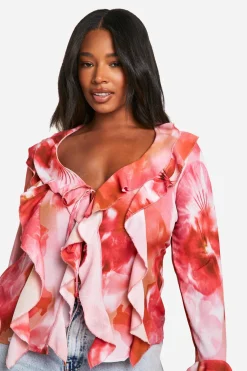 Blouse florale à volants sur le devant grande taille