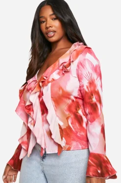 Blouse florale à volants sur le devant grande taille