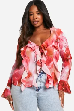 Blouse florale à volants sur le devant grande taille