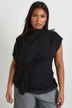 Blouse Grande Taille À Col Bénitier Avec Nœud Et Bordure En Dentelle