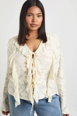 Blouse Grande Taille Dévorée À Double Volant Et Liens Devant
