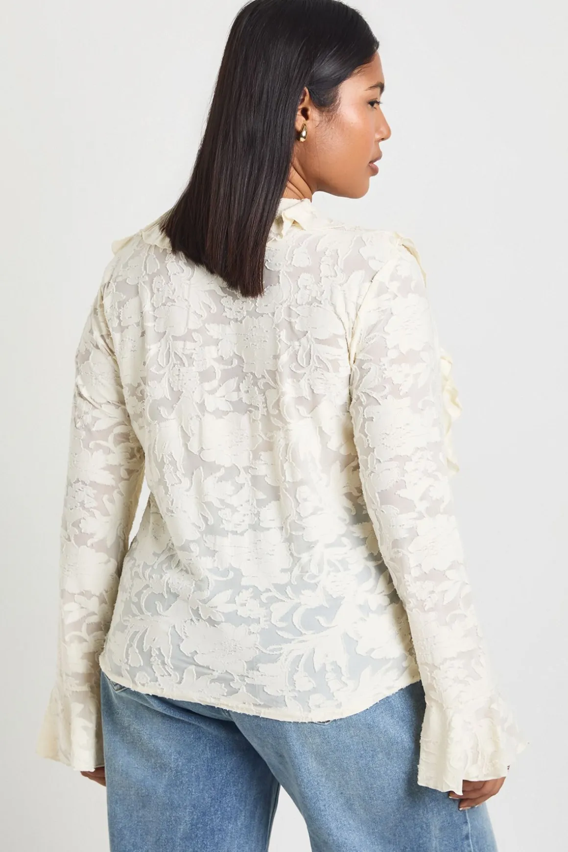 Blouse Grande Taille Dévorée À Double Volant Et Liens Devant