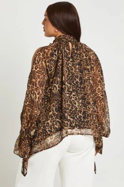Blouse Grande Taille En Mousseline Léopard Col Licou Manches Longues Drapées