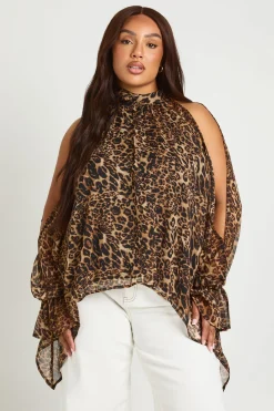 Blouse Grande Taille En Mousseline Léopard Col Licou Manches Longues Drapées