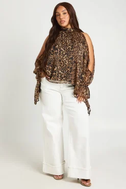 Blouse Grande Taille En Mousseline Léopard Col Licou Manches Longues Drapées