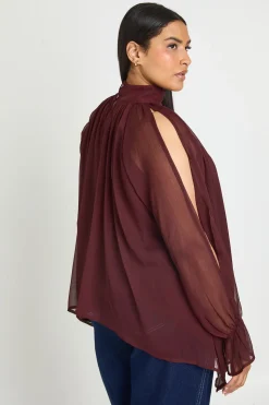 Blouse Grande Taille En Mousseline À Col Licou Manches Longues Drapée