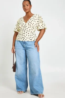 boohoo Blouse Grande Taille En Satin À Pois Avec Manches Bouffantes<Femme Pois|Satin Et Dentelle