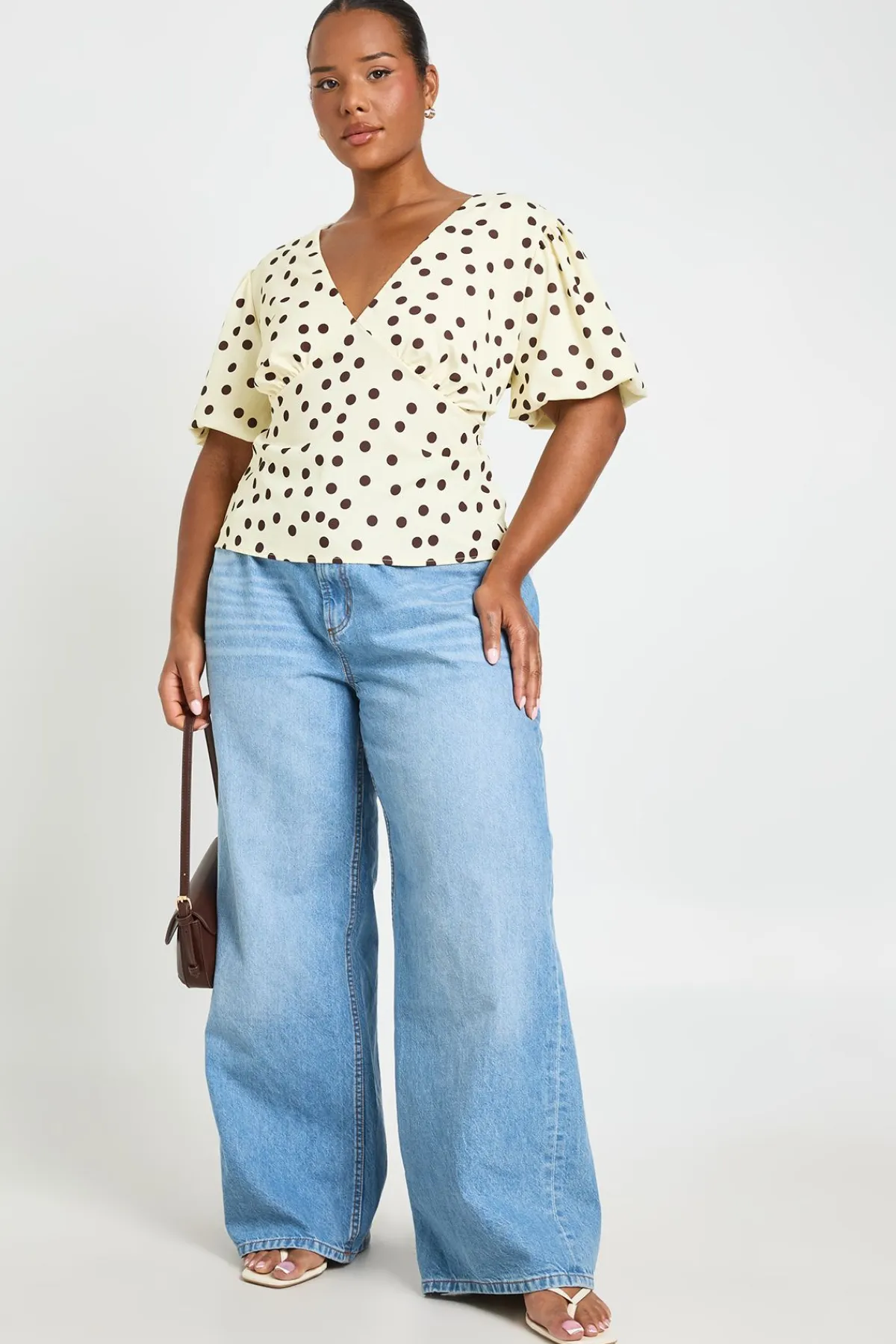 boohoo Blouse Grande Taille En Satin À Pois Avec Manches Bouffantes<Femme Pois|Satin Et Dentelle