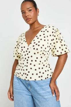 boohoo Blouse Grande Taille En Satin À Pois Avec Manches Bouffantes<Femme Pois|Satin Et Dentelle