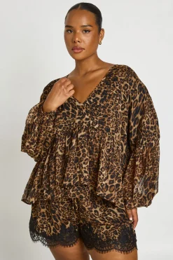 Blouse Grande Taille Léopard En Mousseline À Volants Et Décolleté Plongeant