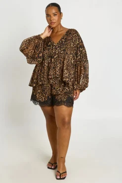 Blouse Grande Taille Léopard En Mousseline À Volants Et Décolleté Plongeant