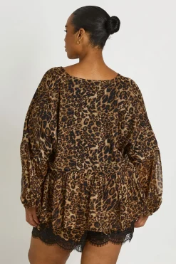 Blouse Grande Taille Léopard En Mousseline À Volants Et Décolleté Plongeant