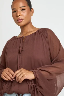 Blouse Grande Taille À Manches Ballon Froncée Avec Liens