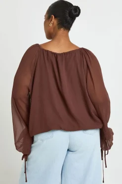 Blouse Grande Taille À Manches Ballon Froncée Avec Liens