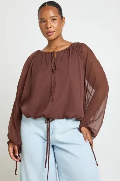 Blouse Grande Taille À Manches Ballon Froncée Avec Liens