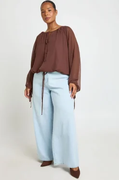 Blouse Grande Taille À Manches Ballon Froncée Avec Liens