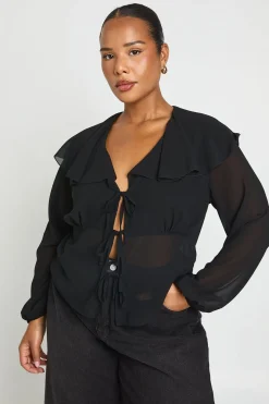 Blouse Grande Taille À Manches Longues Avec Nœuds Devant