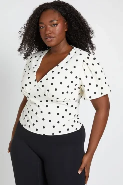 Blouse Grande Taille Satinée À Pois Et Manches Bouffantes