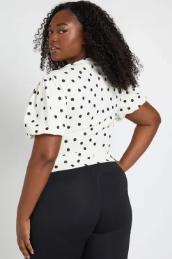 Blouse Grande Taille Satinée À Pois Et Manches Bouffantes