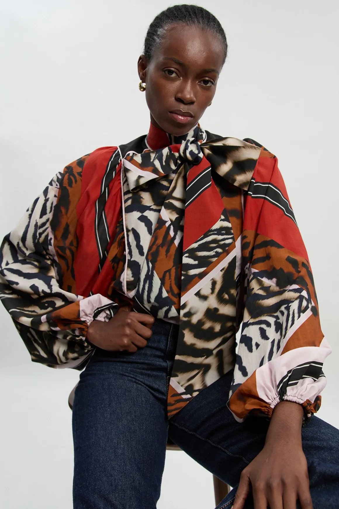 Blouse à Imprimé Animalier en Tencel Fluide Tissé avec Lien au Col
