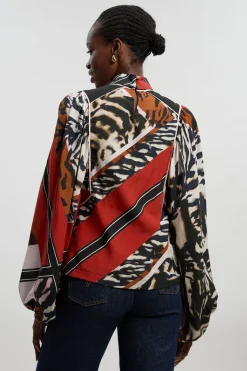 Blouse à Imprimé Animalier en Tencel Fluide Tissé avec Lien au Col