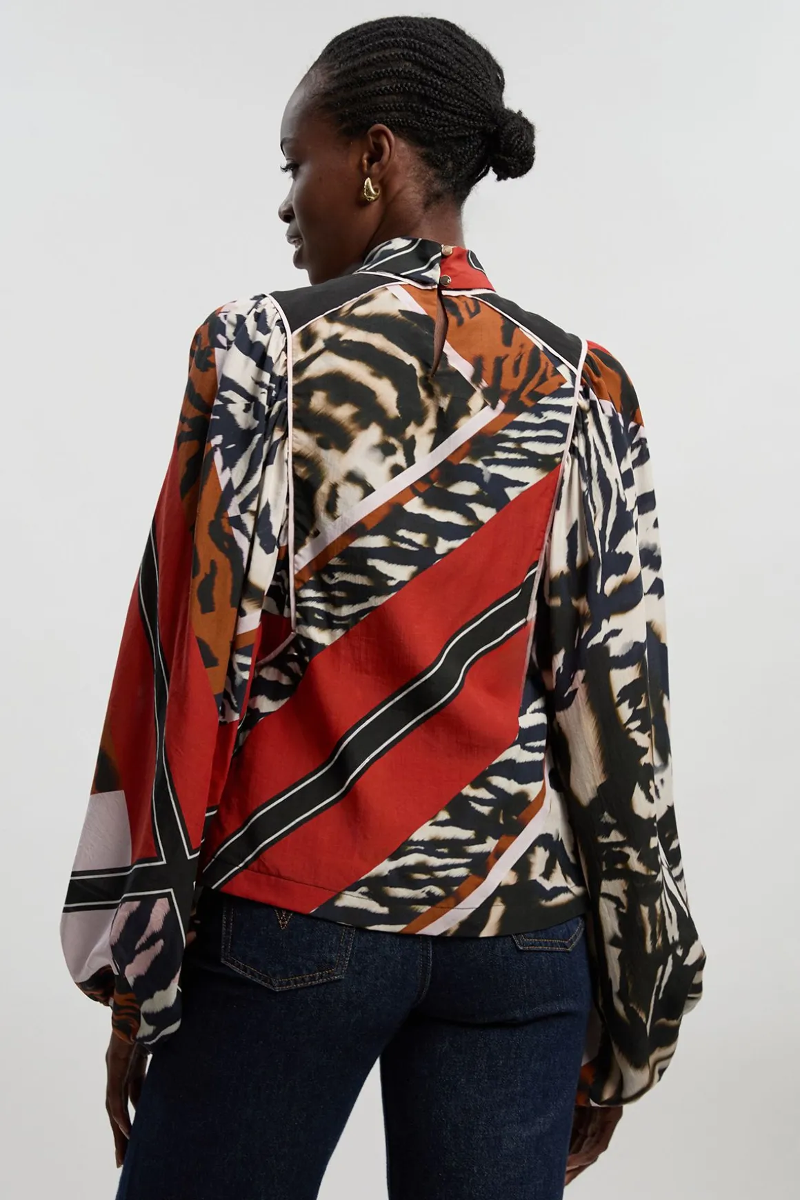 Blouse à Imprimé Animalier en Tencel Fluide Tissé avec Lien au Col