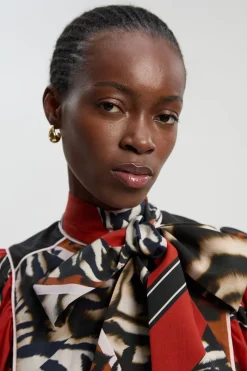 Blouse à Imprimé Animalier en Tencel Fluide Tissé avec Lien au Col