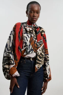 Blouse à Imprimé Animalier en Tencel Fluide Tissé avec Lien au Col