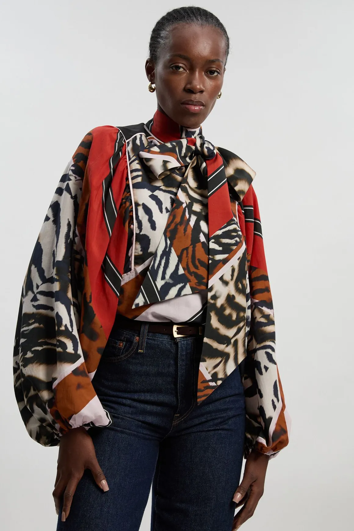 Blouse à Imprimé Animalier en Tencel Fluide Tissé avec Lien au Col