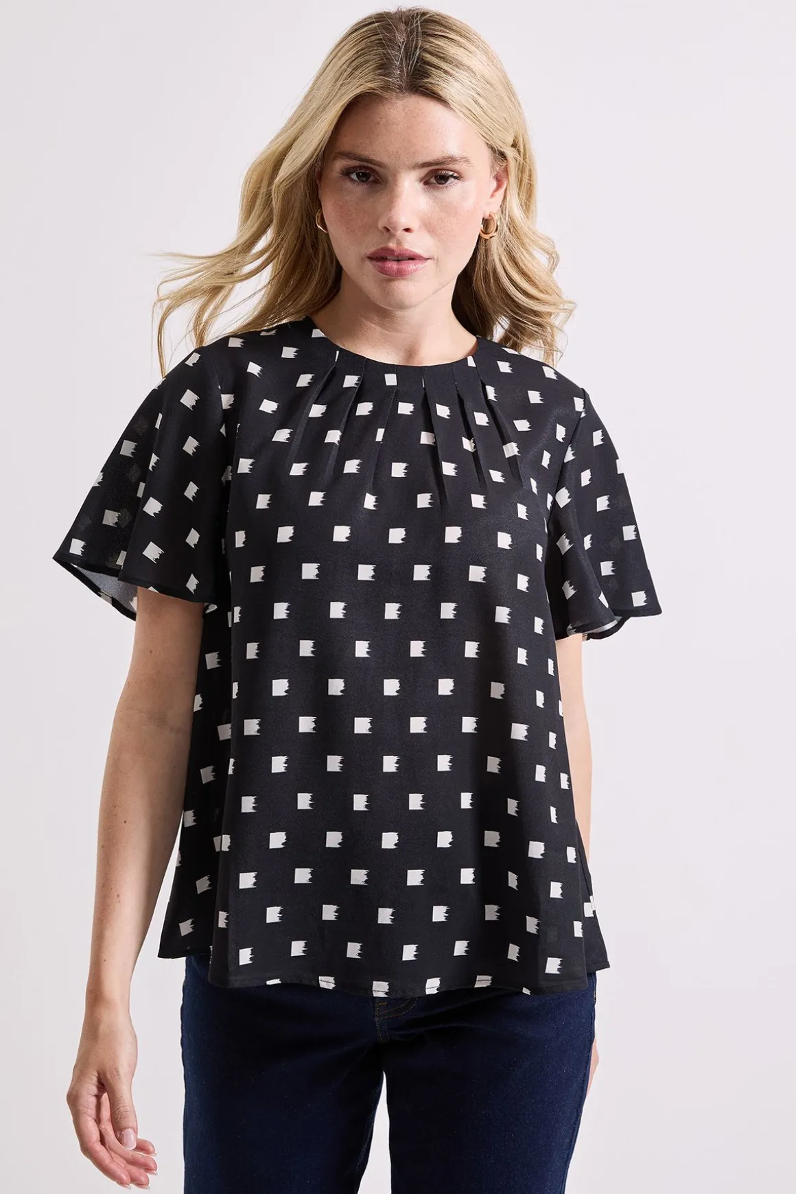 Blouse Imprimée à Encolure Froncée et Manches Évasées