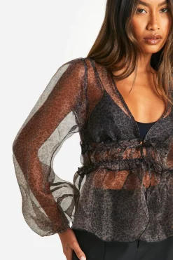 boohoo Blouse à imprimé micro, manches volumineuses nouées<Femme Imprimé Léopard|Tops