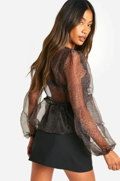 boohoo Blouse à imprimé micro, manches volumineuses nouées<Femme Imprimé Léopard|Tops